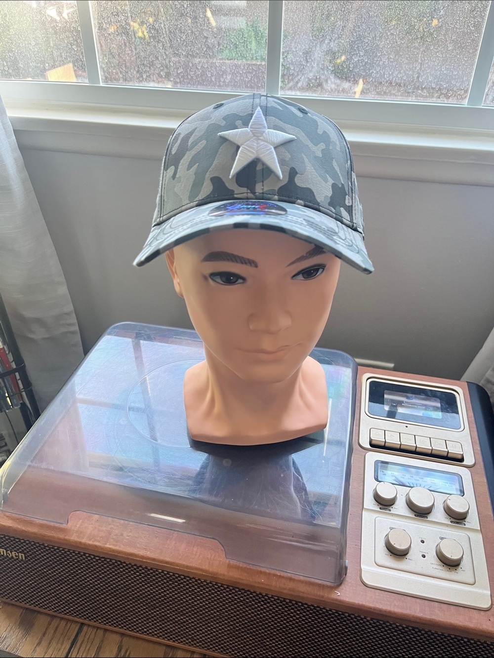 Camo Baseball Cap with Raised Star Accent - Grey Camo